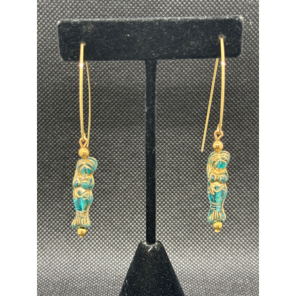 Czech Glass Mermaid Drop Earrings Gold Tone Kidney Wire Nautical Artisan Jewelry
